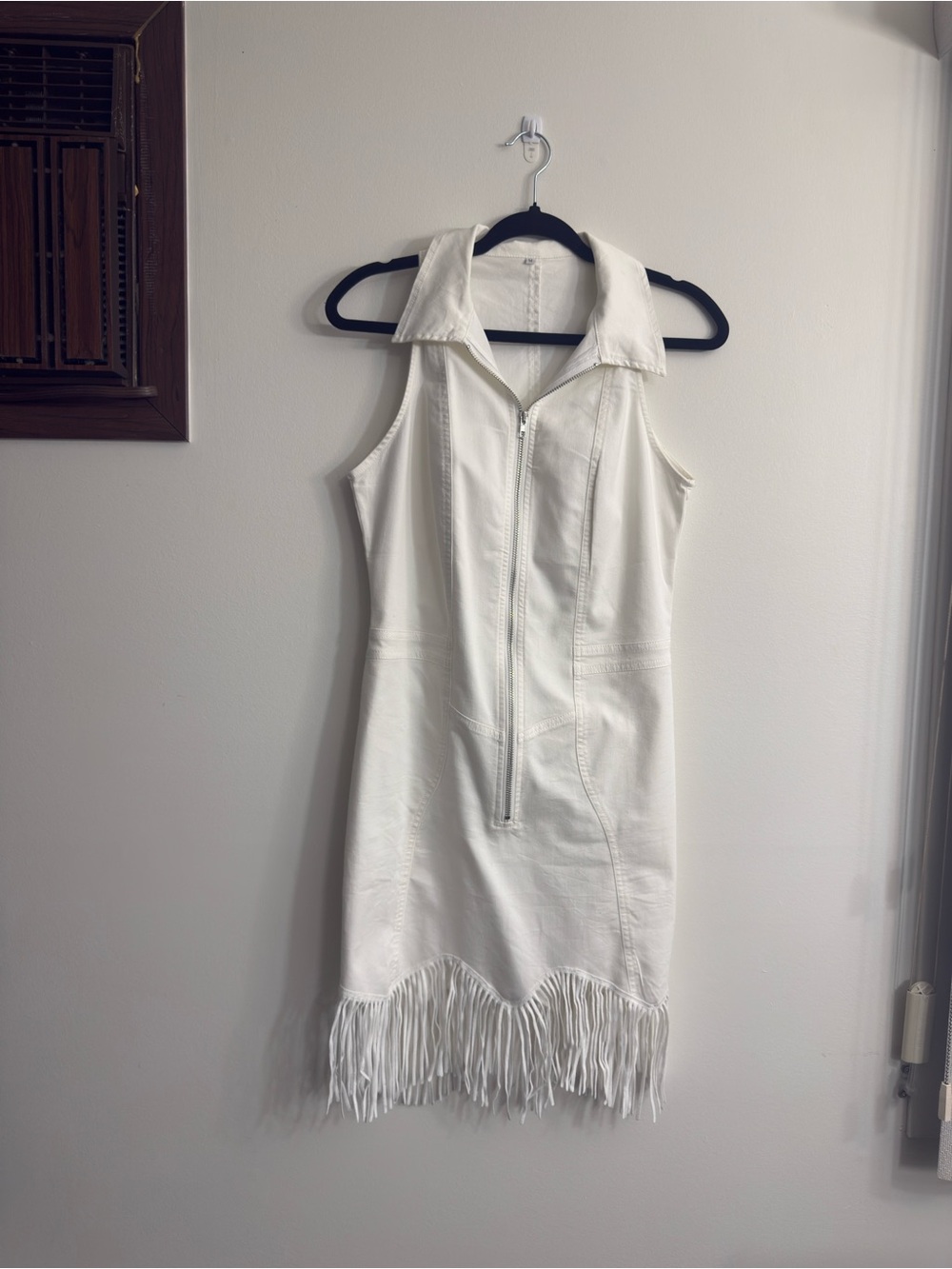 Source Unknown White Sleeveless Zip-Front Fringe Midi Dress